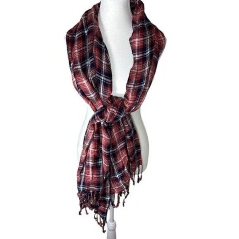 Sole Society Red Navy Blue Plaid Fringe Scarf Lightweight Herringbone Wrap